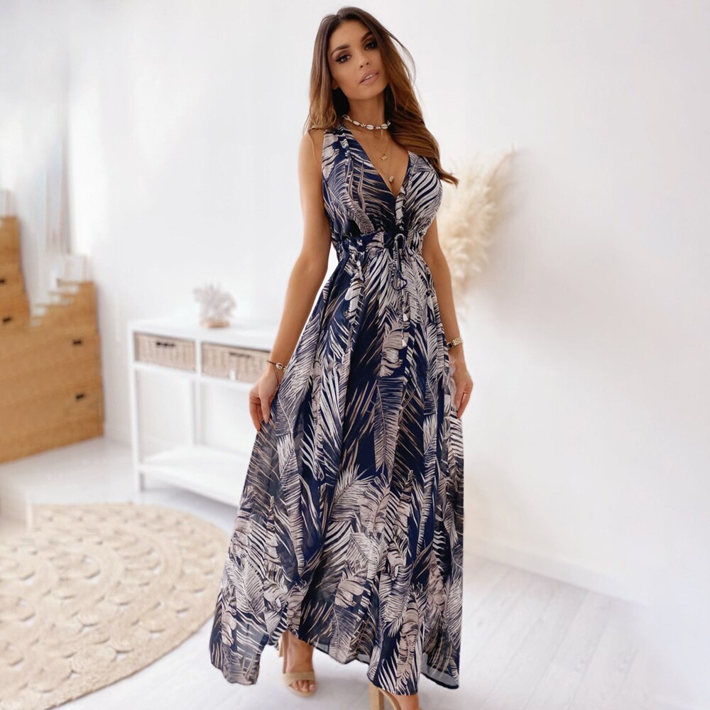 Chiffon Floral Print V-neck Sleeveless Beach Party Dress Mssaz Desses