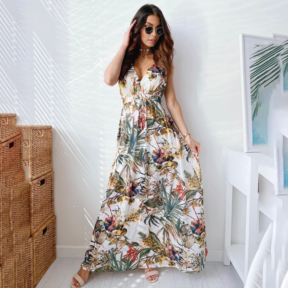Chiffon Floral Print V-neck Sleeveless Beach Party Dress Mssaz Desses