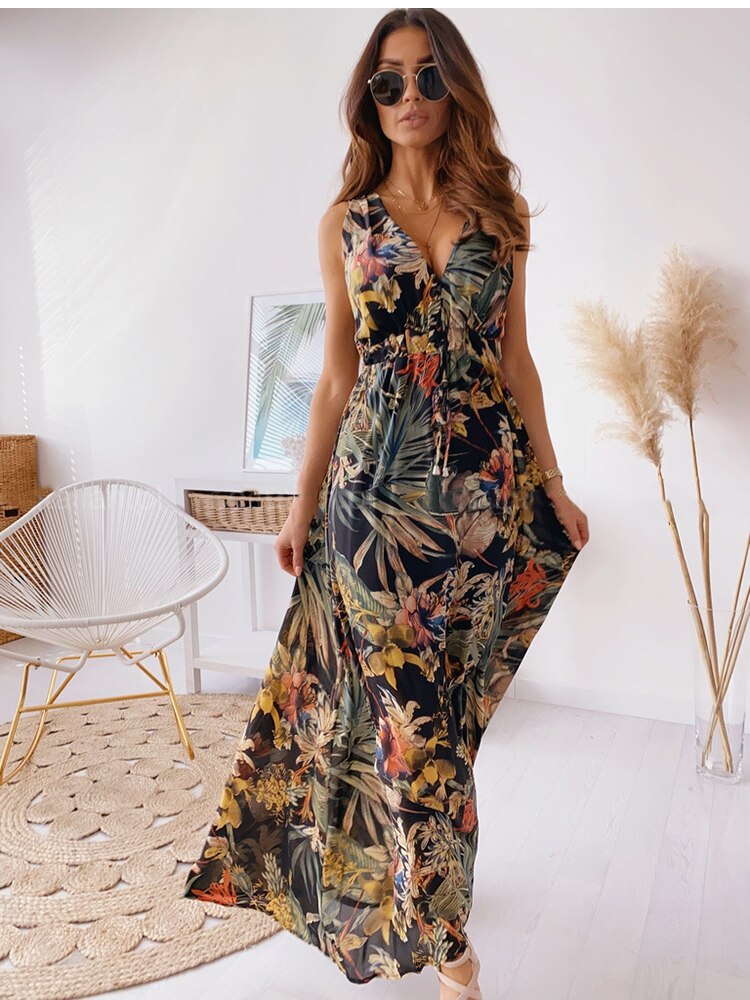 Chiffon Floral Print V-neck Sleeveless Beach Party Dress Mssaz Desses