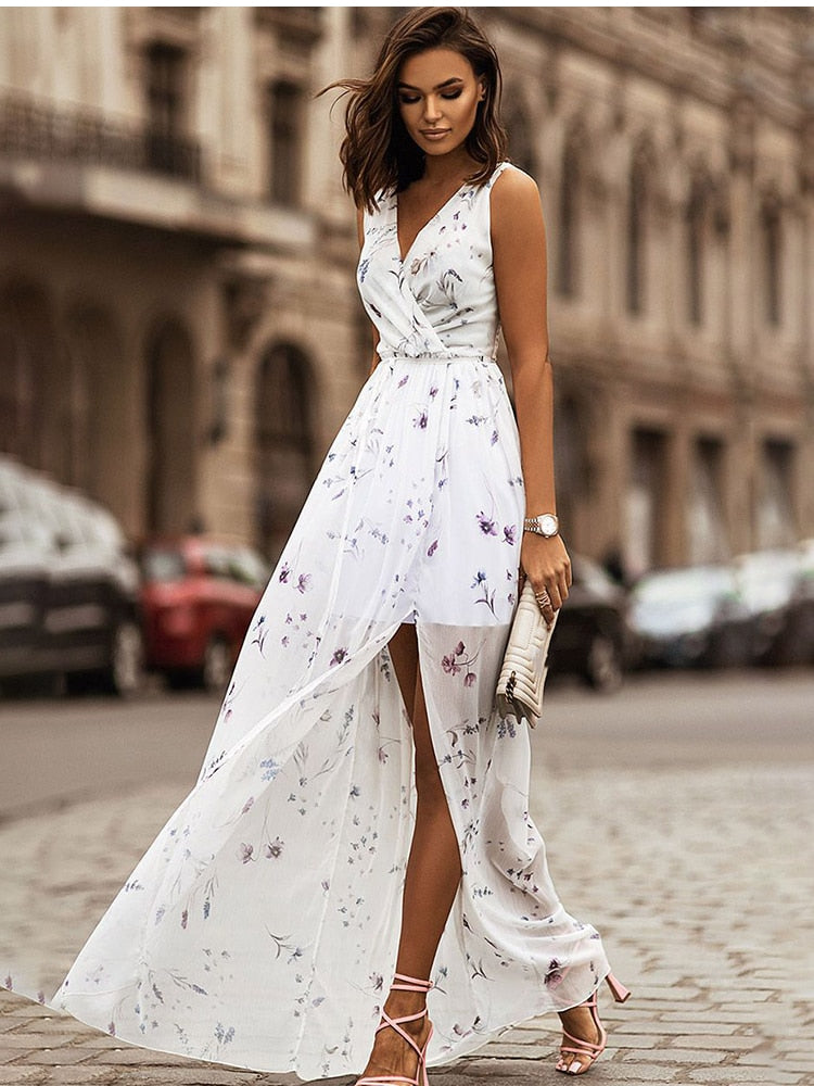 Chiffon Print Boho V-neck Sleeveless Holiday Party Dress Mssaz Desses