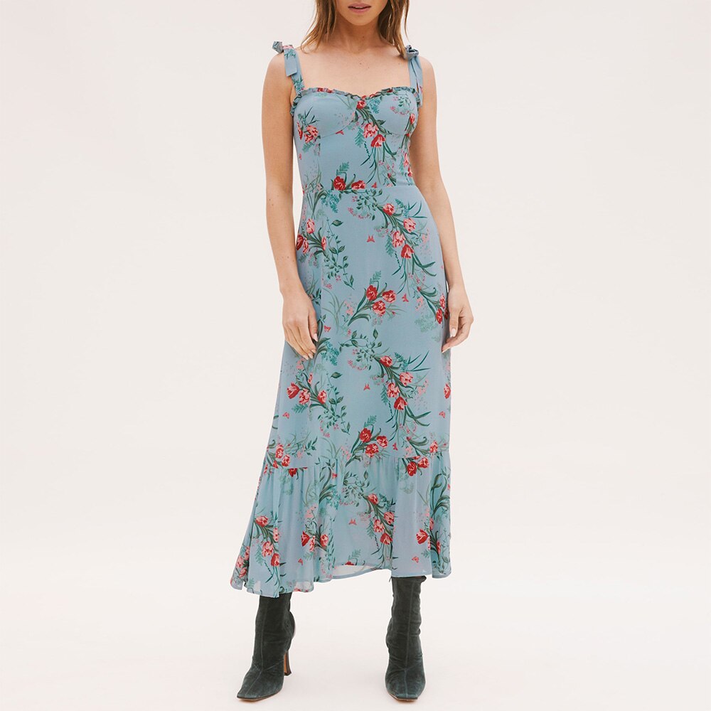 Print Beach Dress Sweetheart Neck Strap Elegant Vintage Chiffon Midi Dress Mssaz Desses
