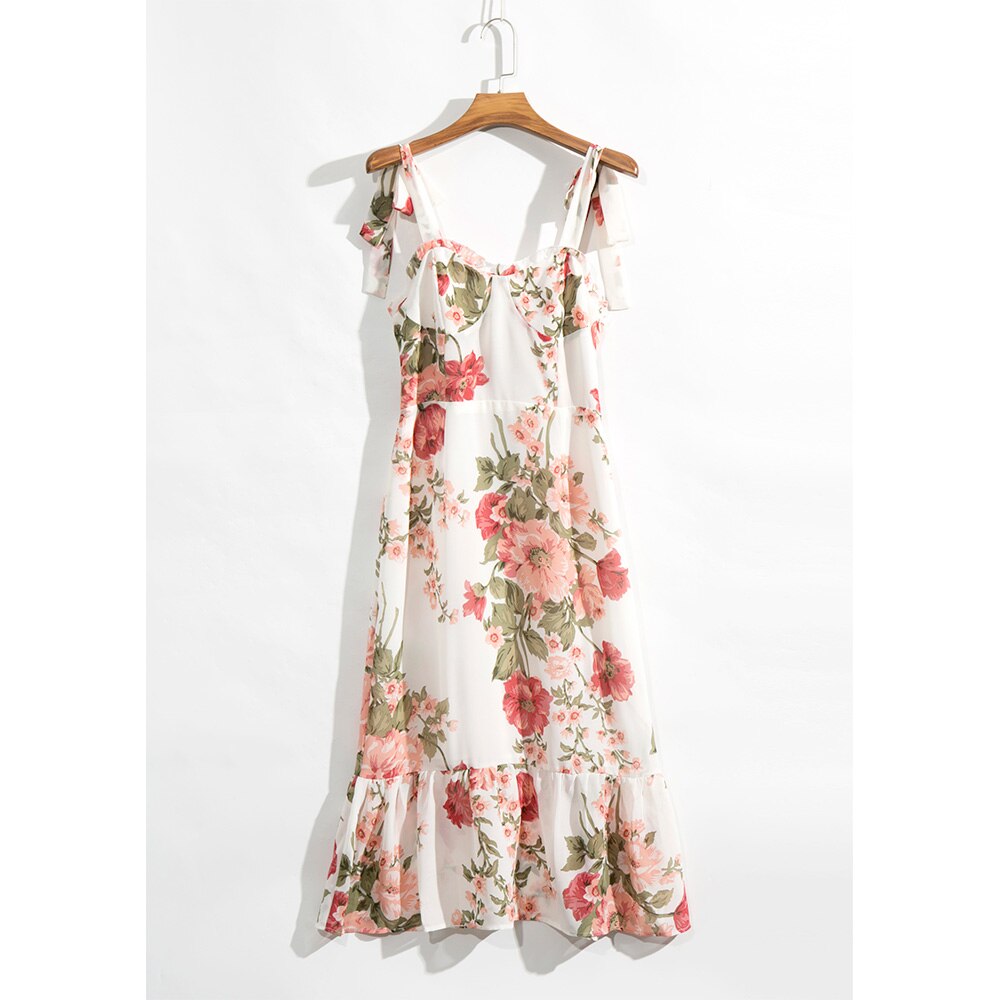 Print Beach Dress Sweetheart Neck Strap Elegant Vintage Chiffon Midi Dress Mssaz Desses