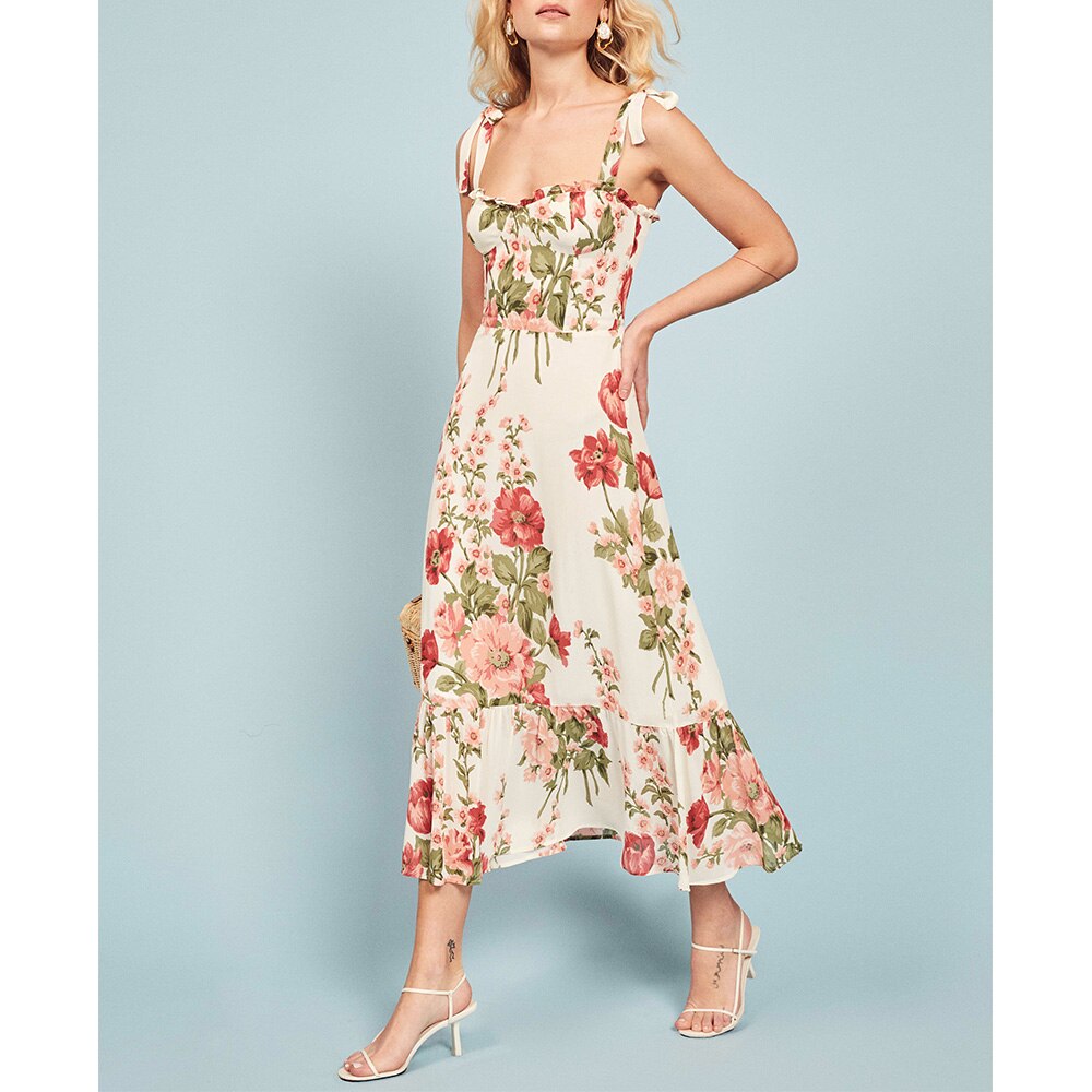 Print Beach Dress Sweetheart Neck Strap Elegant Vintage Chiffon Midi Dress Mssaz Desses