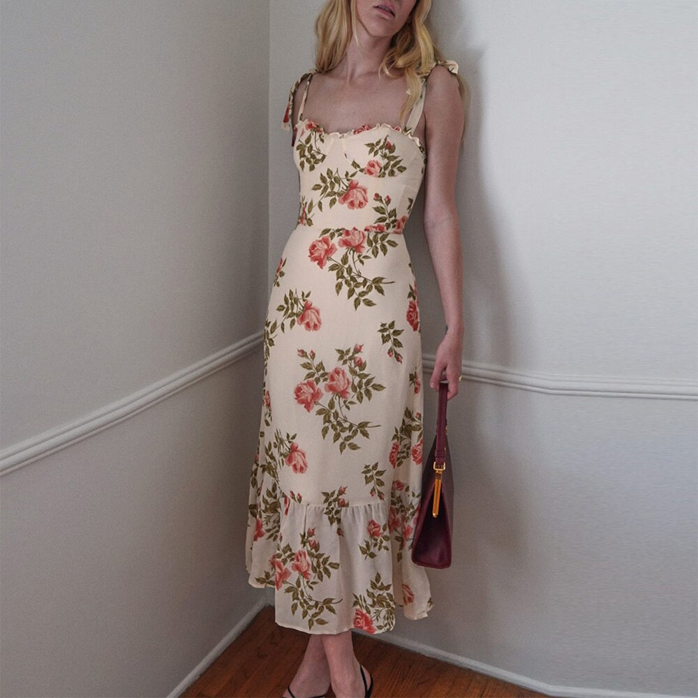 Print Beach Dress Sweetheart Neck Strap Elegant Vintage Chiffon Midi Dress Mssaz Desses