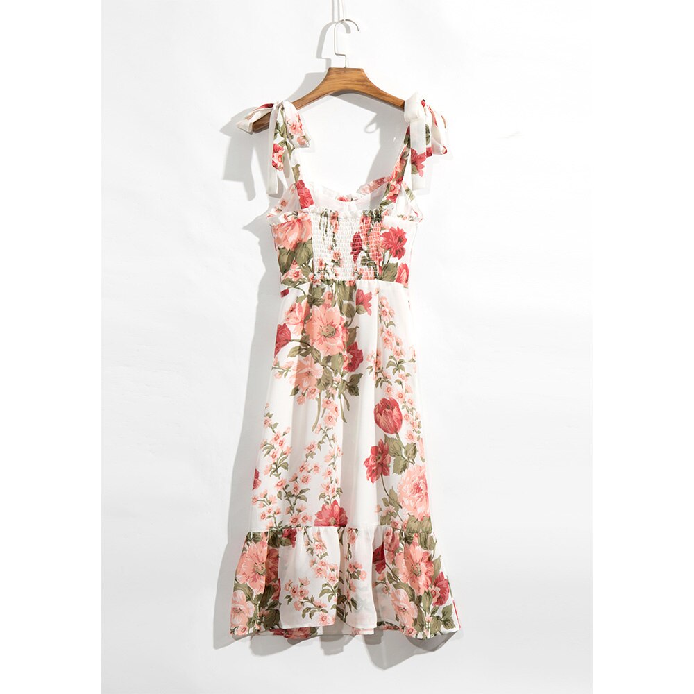 Print Beach Dress Sweetheart Neck Strap Elegant Vintage Chiffon Midi Dress Mssaz Desses
