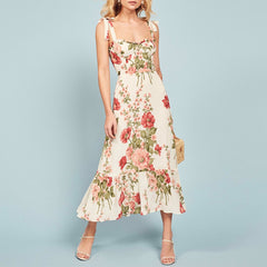 Print Beach Dress Sweetheart Neck Strap Elegant Vintage Chiffon Midi Dress Mssaz Desses