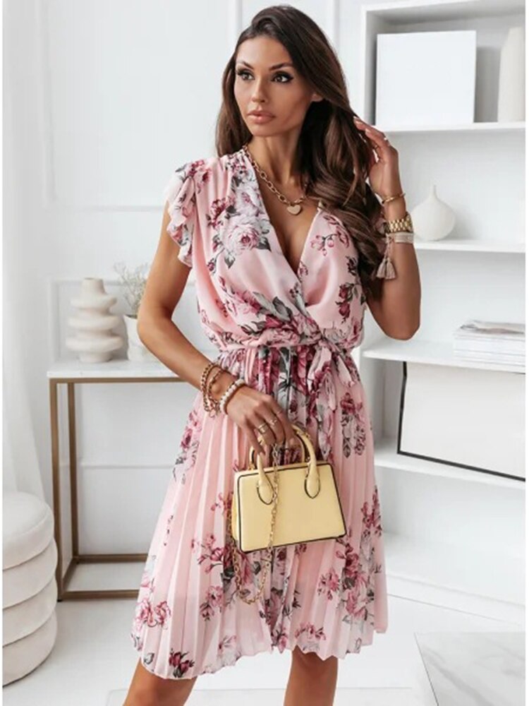 Chiffon Sleeveless Ruffles Floral Print Beach Dress Mssaz Desses