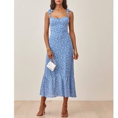 Elegant Ruffle Hem Floral Chiffon Midi Dress Neck Strap Tie  Slip Dress Mssaz Desses
