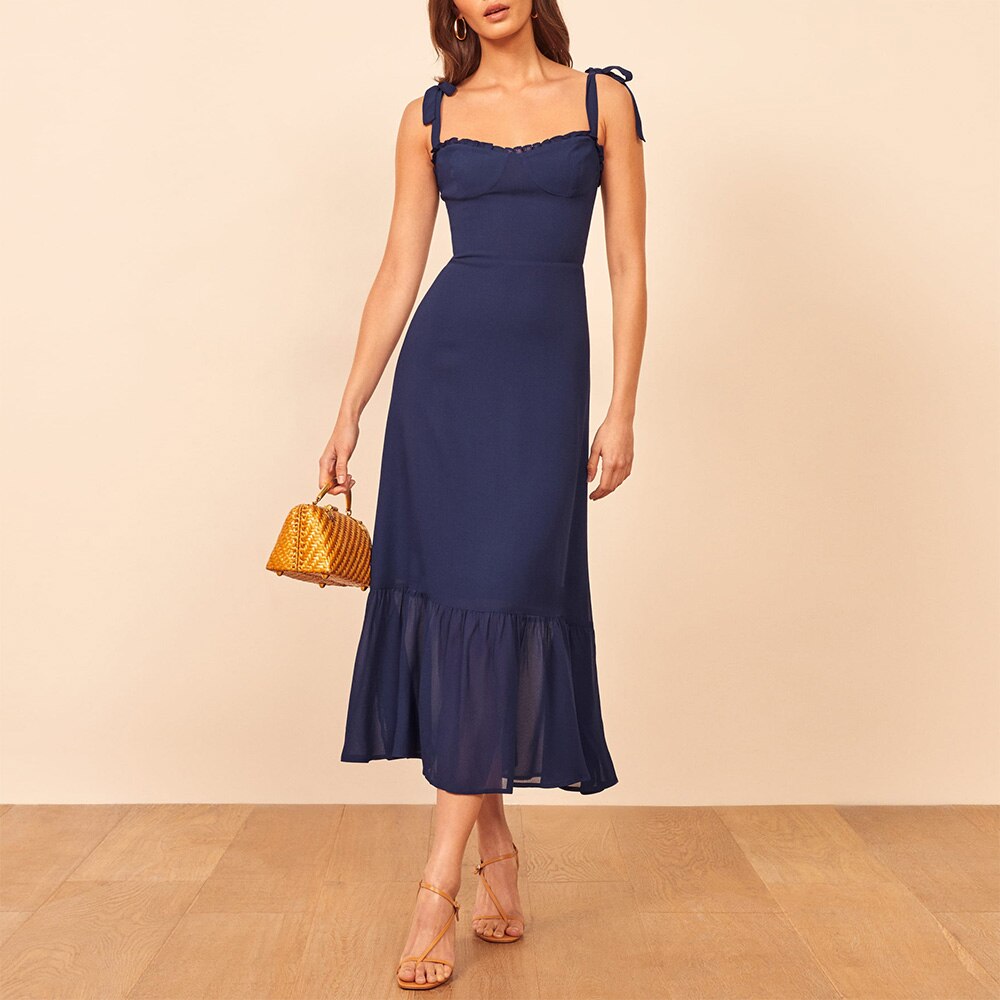 Elegant Ruffle Hem Floral Chiffon Midi Dress Neck Strap Tie  Slip Dress Mssaz Desses