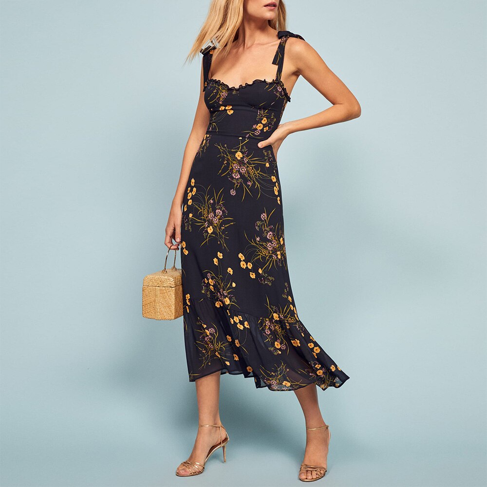 Elegant Ruffle Hem Floral Chiffon Midi Dress Neck Strap Tie  Slip Dress Mssaz Desses
