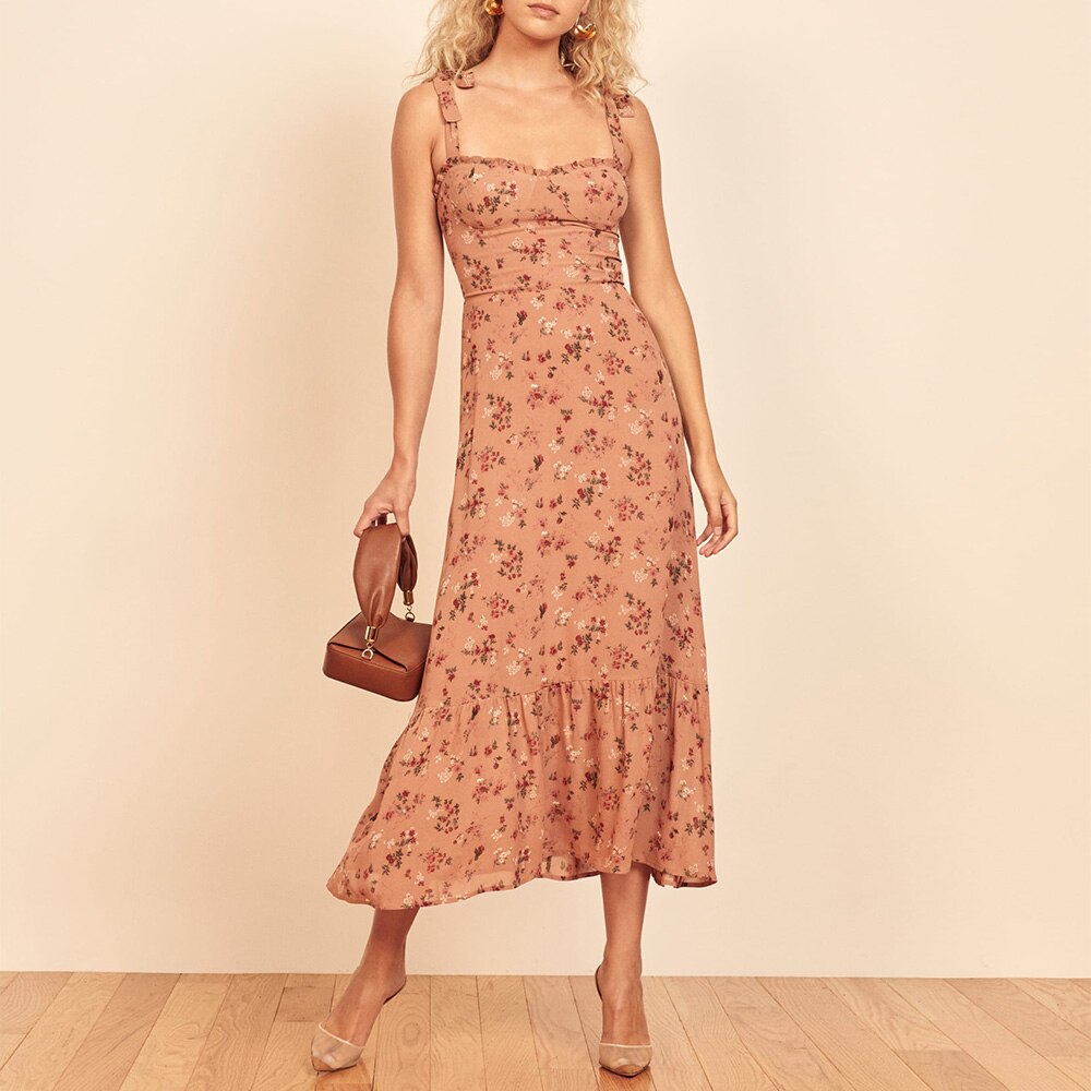Elegant Ruffle Hem Floral Chiffon Midi Dress Neck Strap Tie  Slip Dress Mssaz Desses