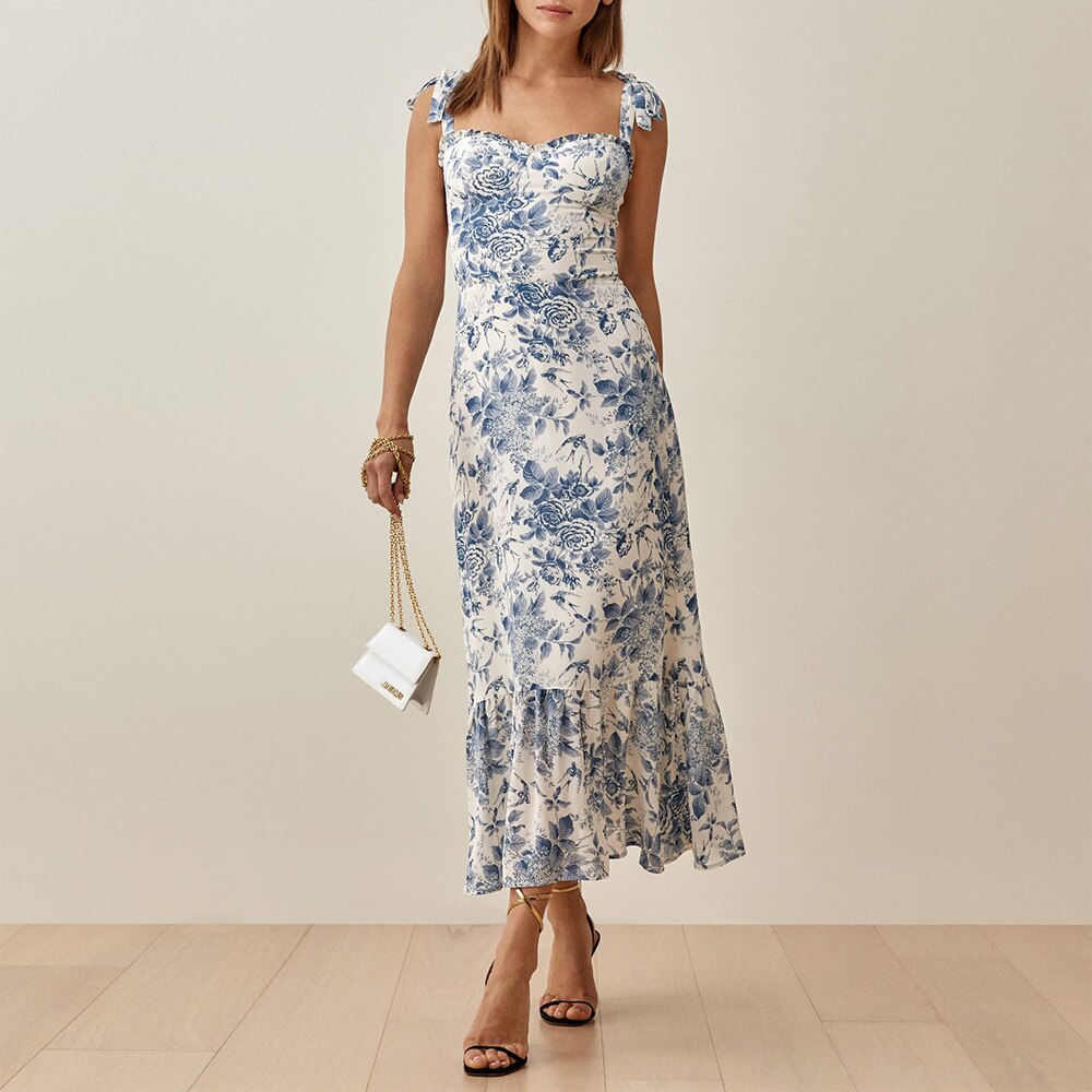 Elegant Ruffle Hem Floral Chiffon Midi Dress Neck Strap Tie  Slip Dress Mssaz Desses