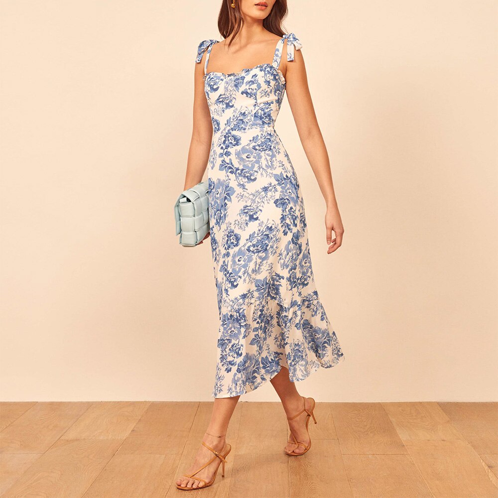 Elegant Ruffle Hem Floral Chiffon Midi Dress Neck Strap Tie  Slip Dress Mssaz Desses