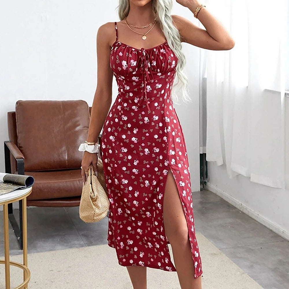 Floral Print Spaghetti Strap  Boho Slit Midcalf Boho Dress Mssaz Desses