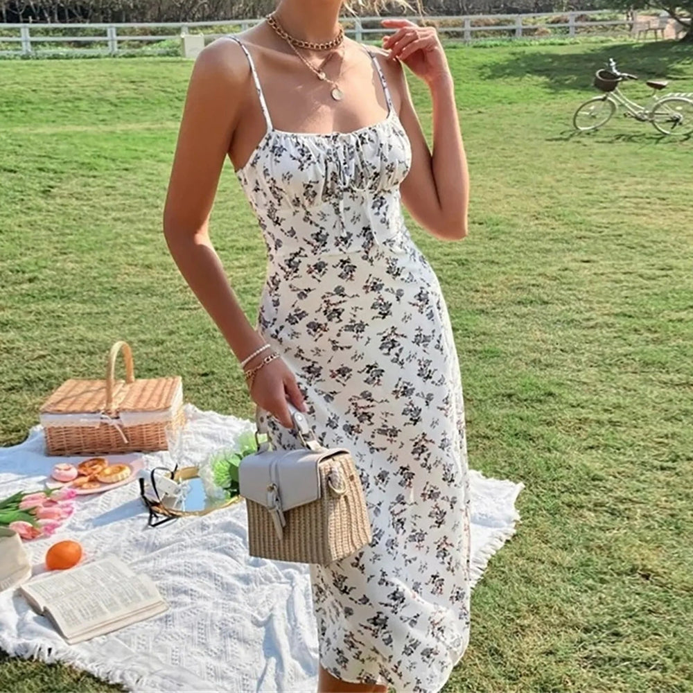 Floral Print Spaghetti Strap  Boho Slit Midcalf Boho Dress Mssaz Desses