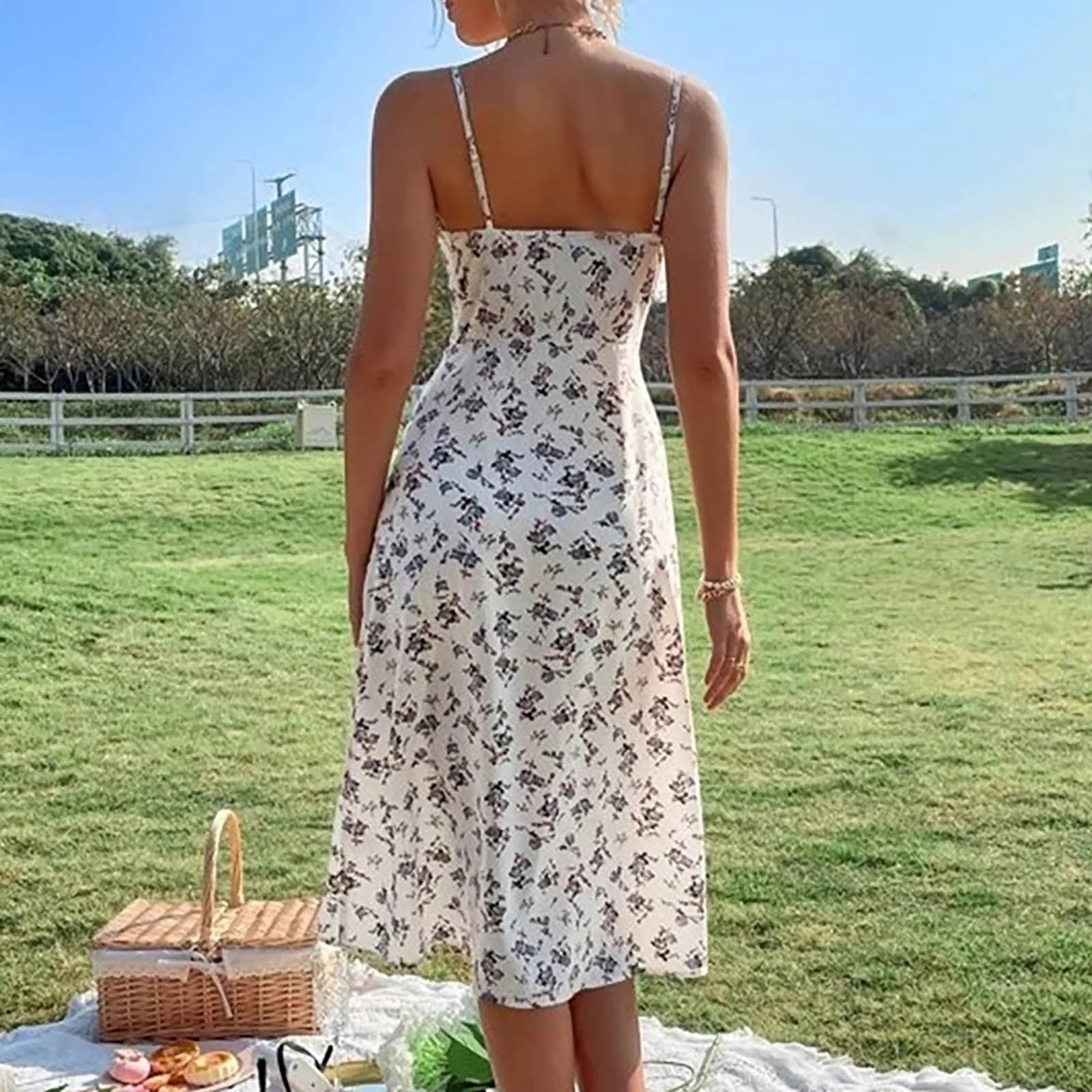Floral Print Spaghetti Strap  Boho Slit Midcalf Boho Dress Mssaz Desses