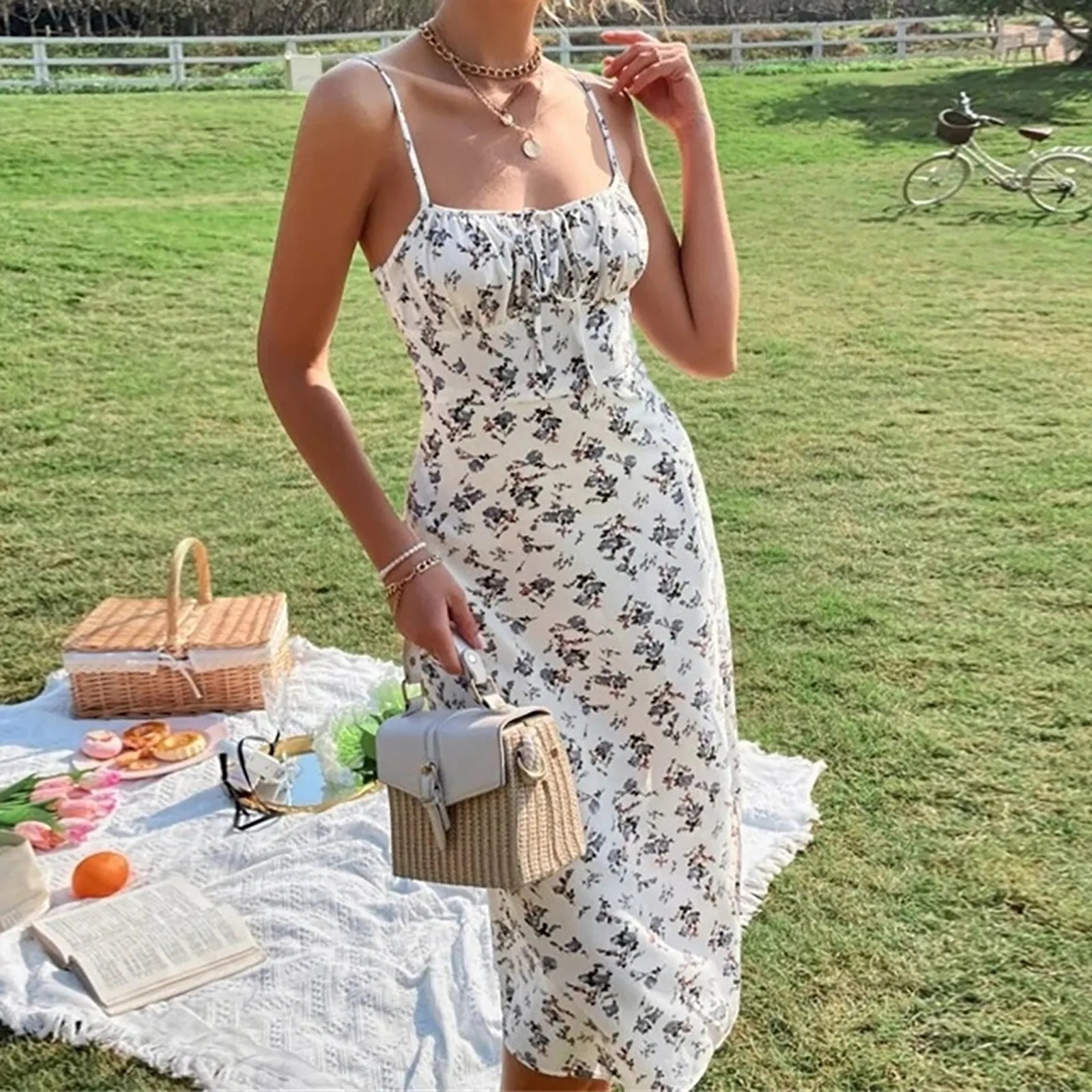 Floral Print Spaghetti Strap  Boho Slit Midcalf Boho Dress Mssaz Desses