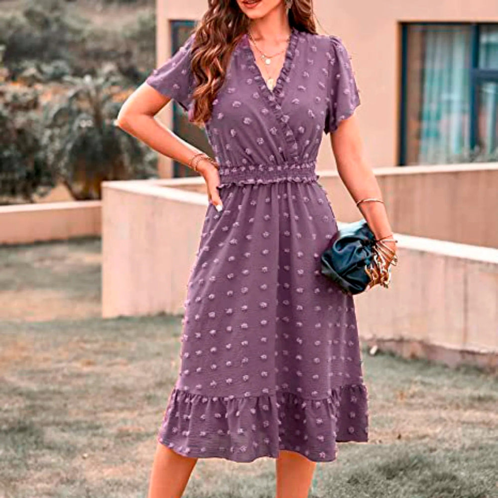 Dot Short Sleeve V Neck   Midi Boho Dress Mssaz Desses