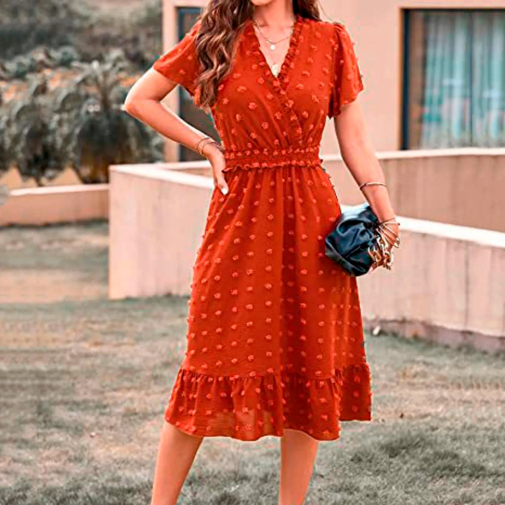 Dot Short Sleeve V Neck   Midi Boho Dress Mssaz Desses