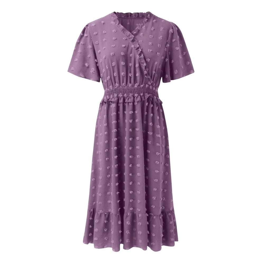 Dot Short Sleeve V Neck   Midi Boho Dress Mssaz Desses
