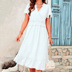 Dot Short Sleeve V Neck   Midi Boho Dress Mssaz Desses