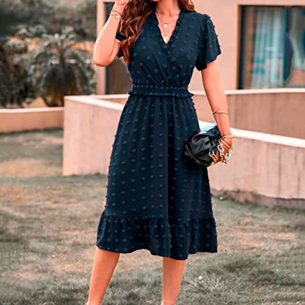 Dot Short Sleeve V Neck   Midi Boho Dress Mssaz Desses