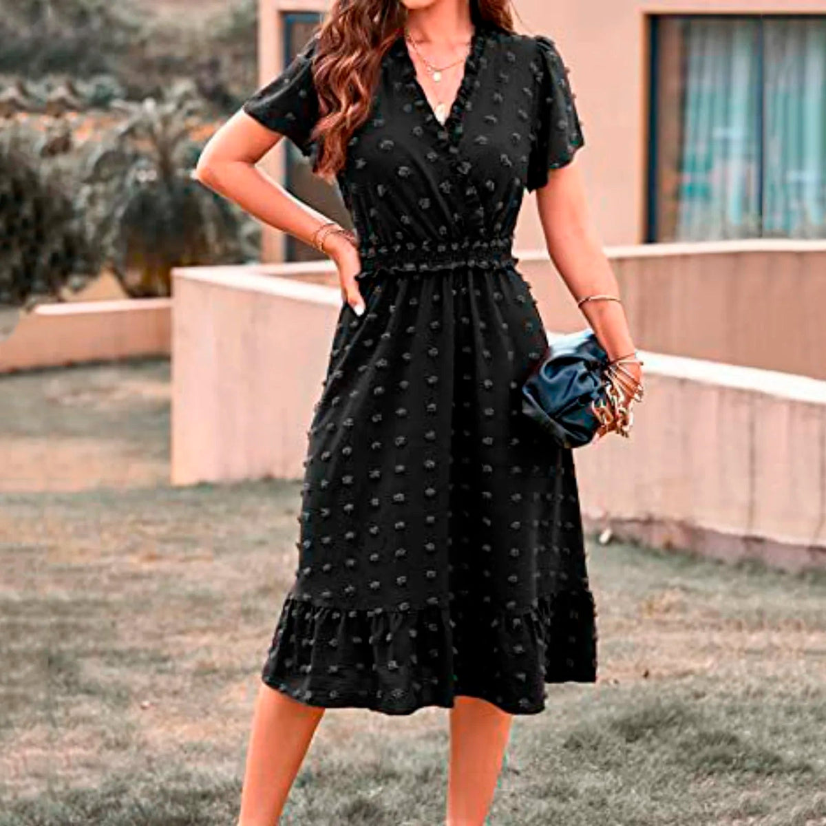 Dot Short Sleeve V Neck   Midi Boho Dress Mssaz Desses