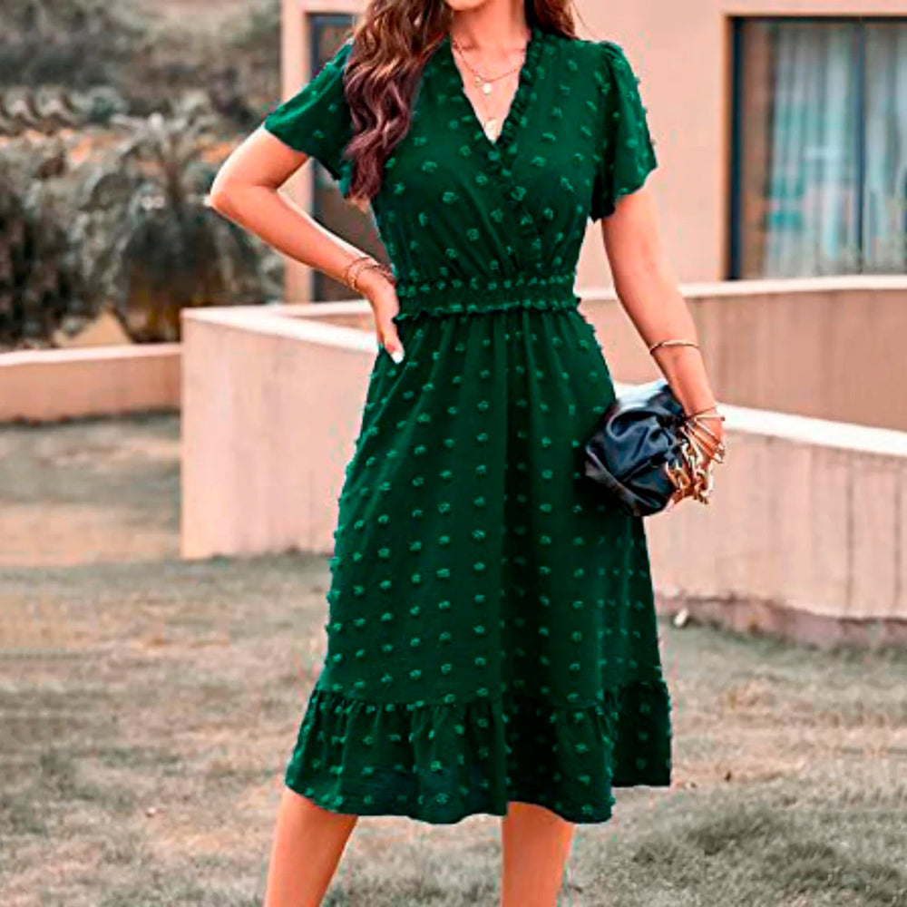 Dot Short Sleeve V Neck   Midi Boho Dress Mssaz Desses