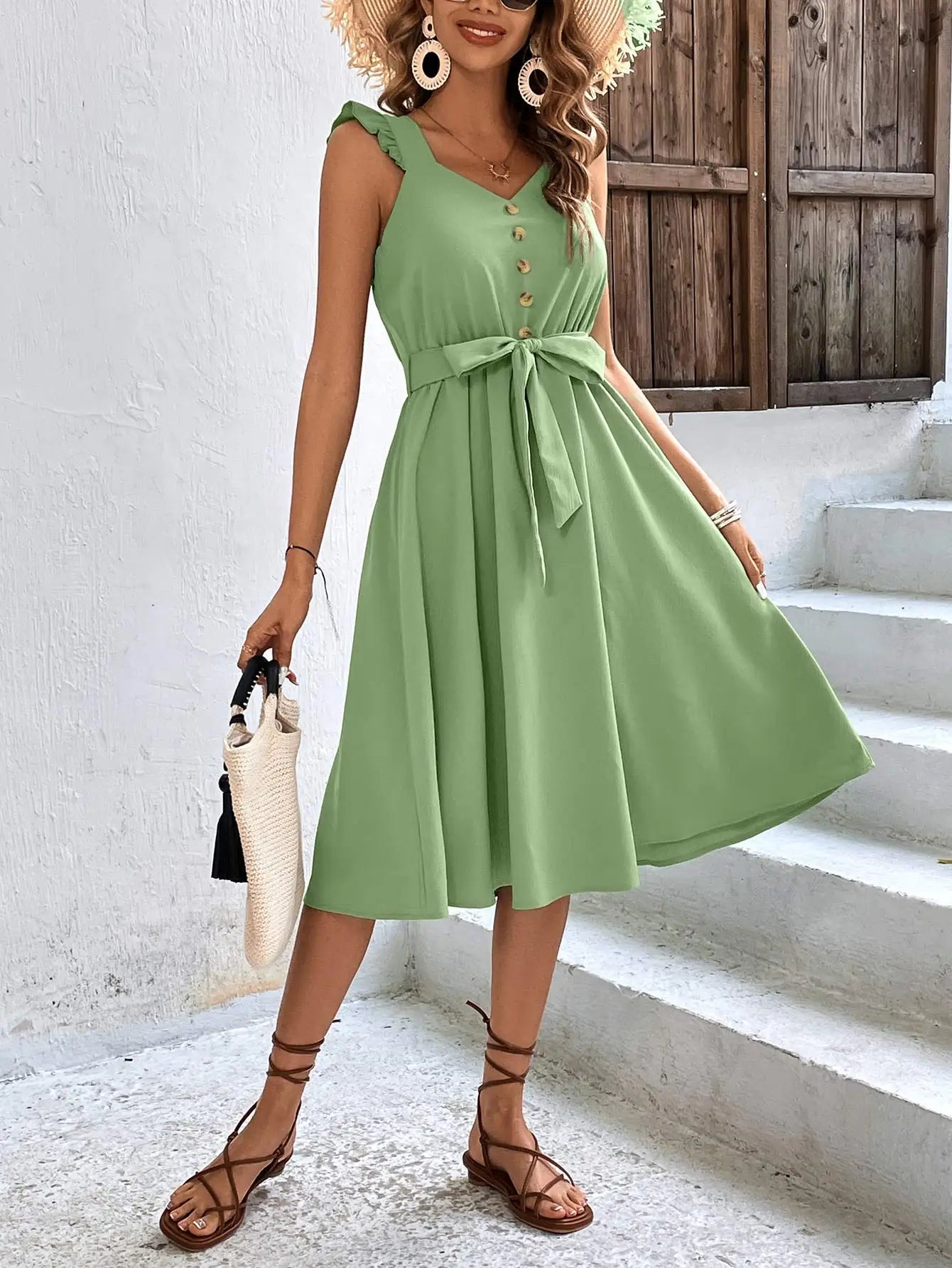 On Sale Clearance Sleeveless V-Neck Button Solid Sun Casual Sweet Holiday Party Beach Midi Dress Mssaz Desses