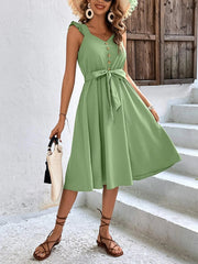 On Sale Clearance Sleeveless V-Neck Button Solid Sun Casual Sweet Holiday Party Beach Midi Dress Mssaz Desses