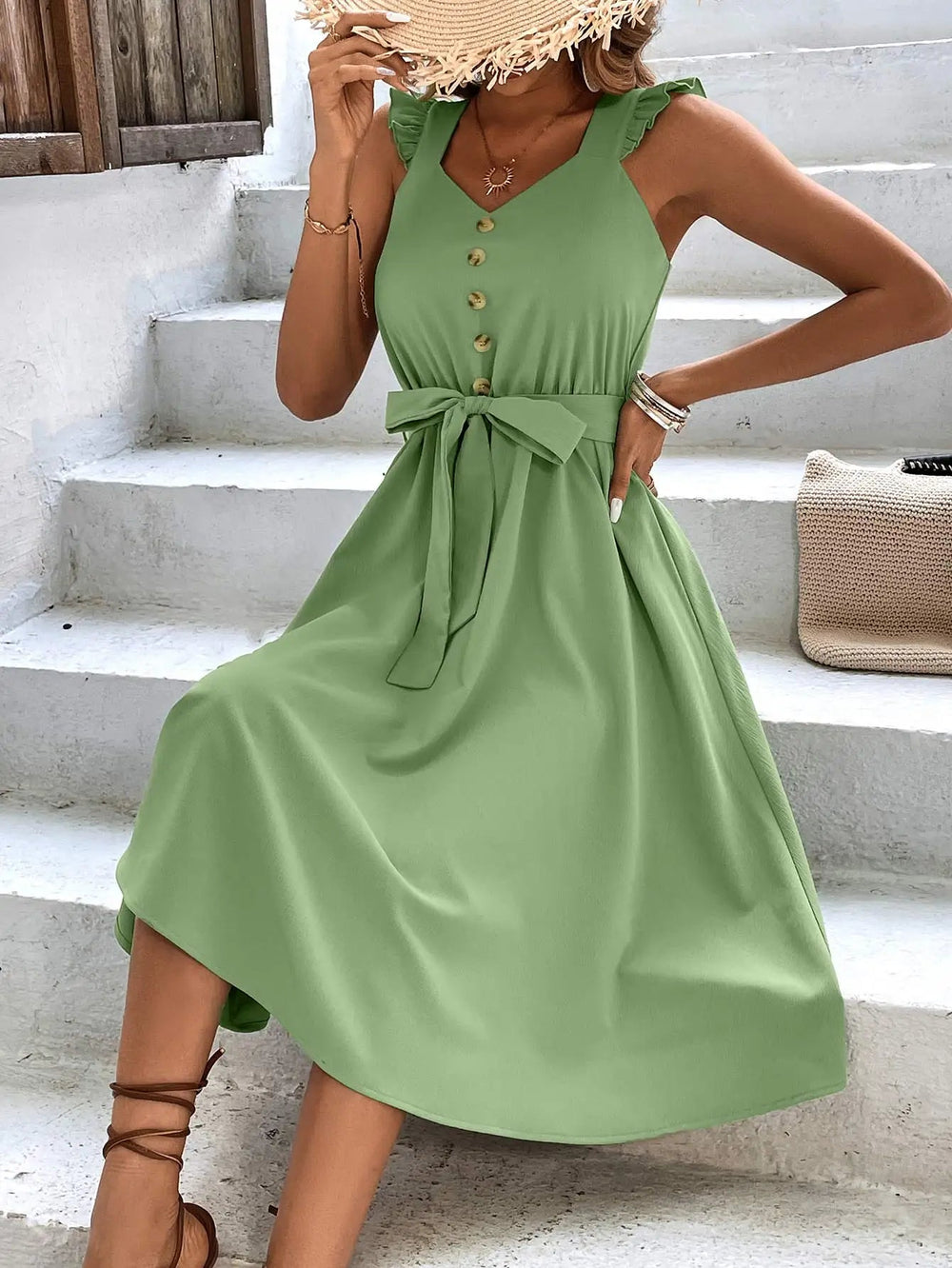 On Sale Clearance Sleeveless V-Neck Button Solid Sun Casual Sweet Holiday Party Beach Midi Dress Mssaz Desses