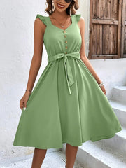 On Sale Clearance Sleeveless V-Neck Button Solid Sun Casual Sweet Holiday Party Beach Midi Dress Mssaz Desses