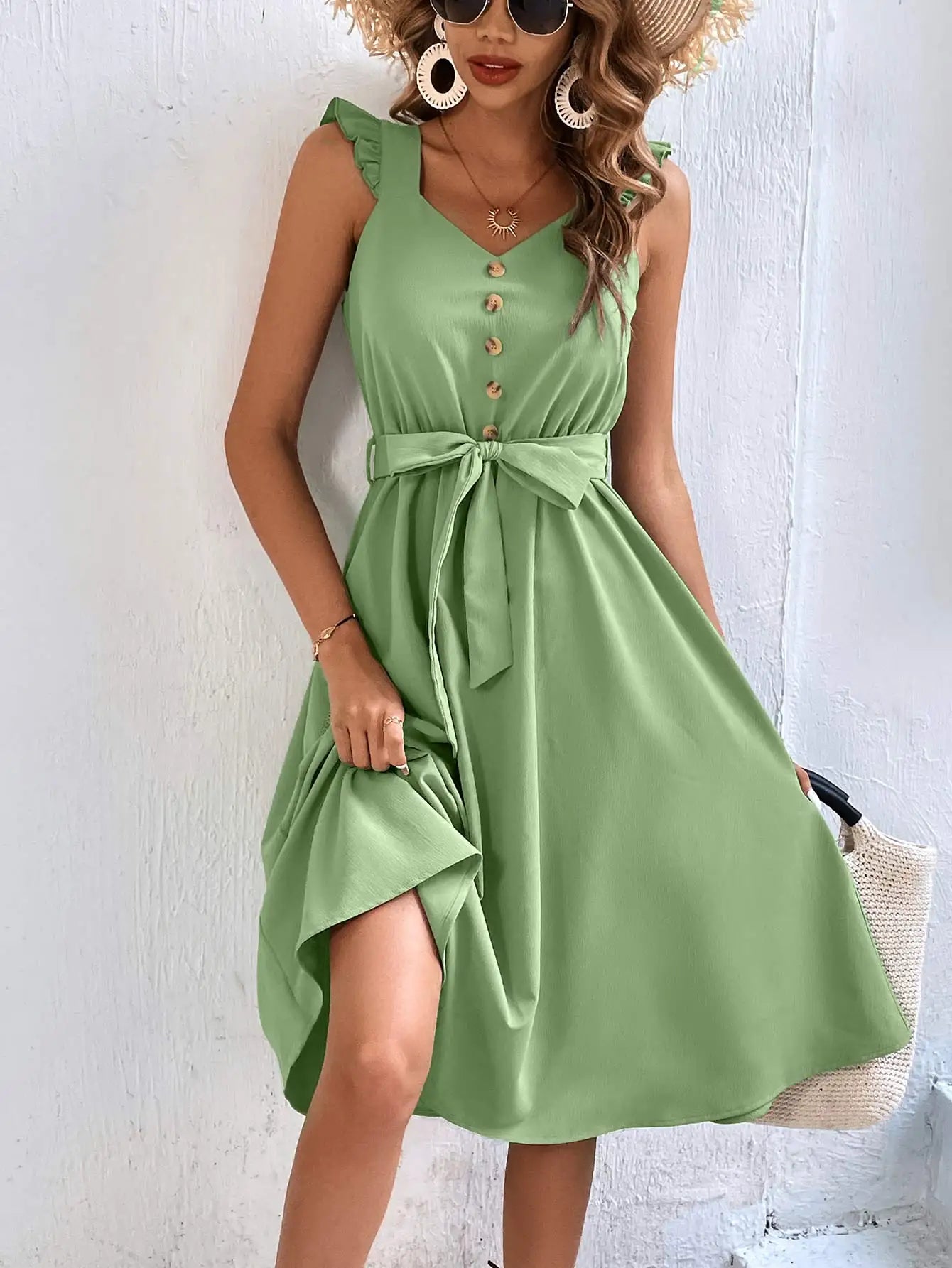 On Sale Clearance Sleeveless V-Neck Button Solid Sun Casual Sweet Holiday Party Beach Midi Dress Mssaz Desses