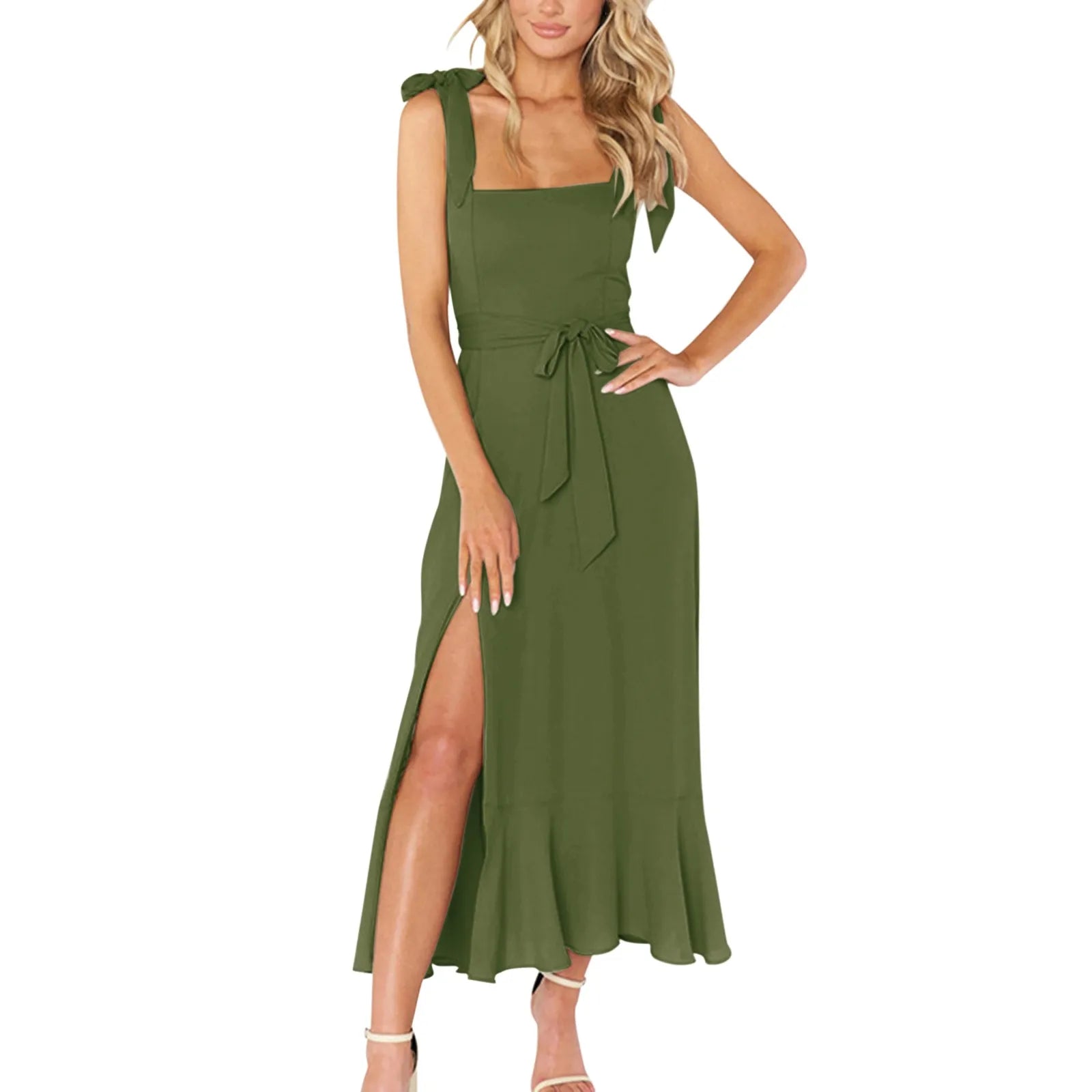 Solid Color Square Collar Bandage High Split Ruffles Hem Formal Commute Dress Mssaz Desses