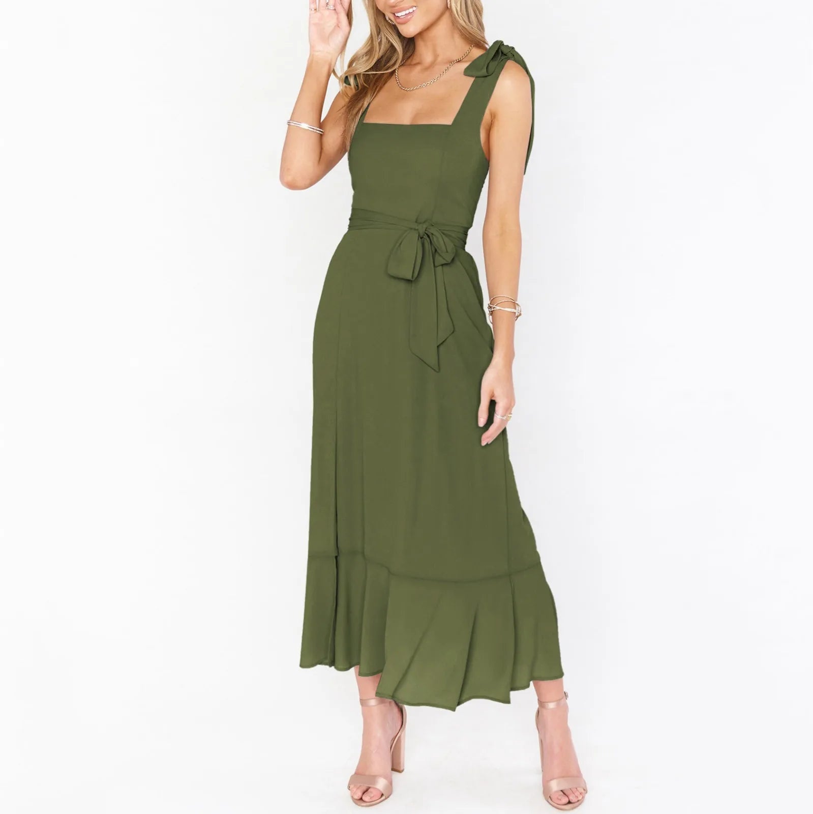 Solid Color Square Collar Bandage High Split Ruffles Hem Formal Commute Dress Mssaz Desses