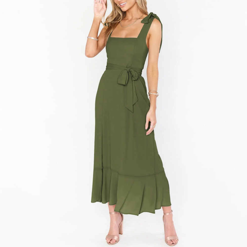 Solid Color Square Collar Bandage High Split Ruffles Hem Formal Commute Dress Mssaz Desses