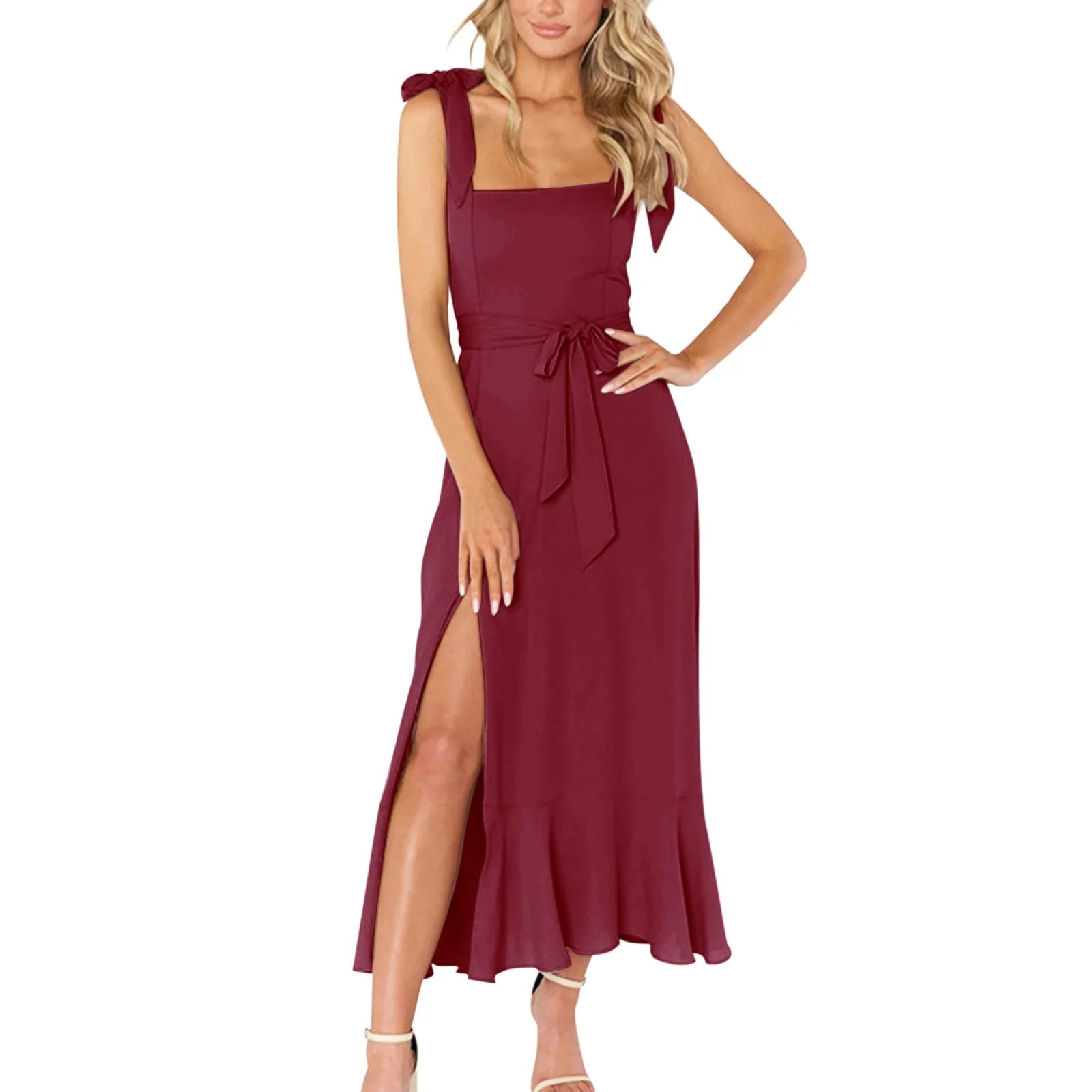 Solid Color Square Collar Bandage High Split Ruffles Hem Formal Commute Dress Mssaz Desses