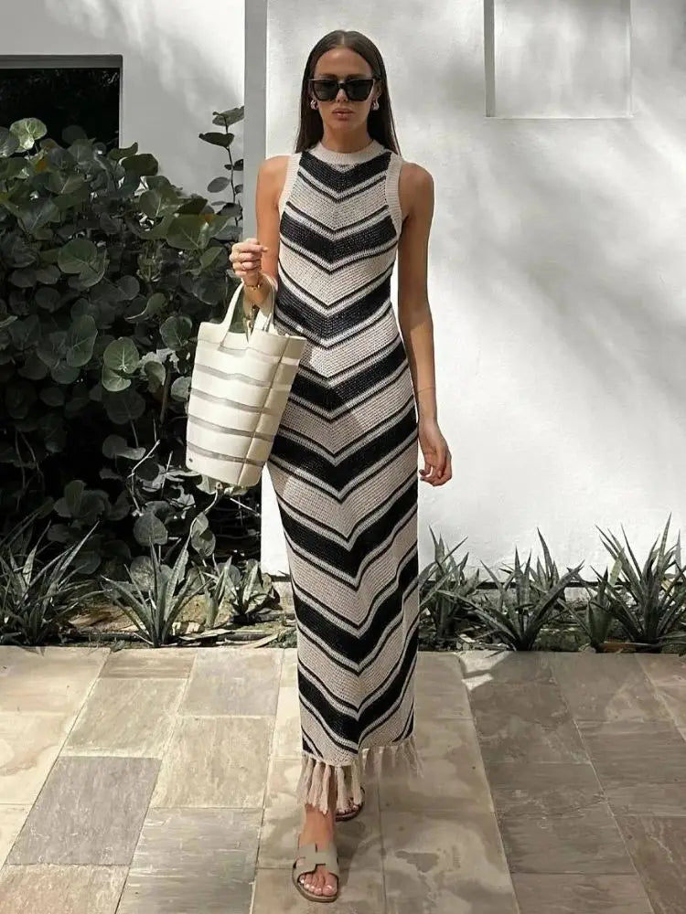 Knitted Tassel Striped Bohemian Stylish Maxi Dress Mssaz Desses