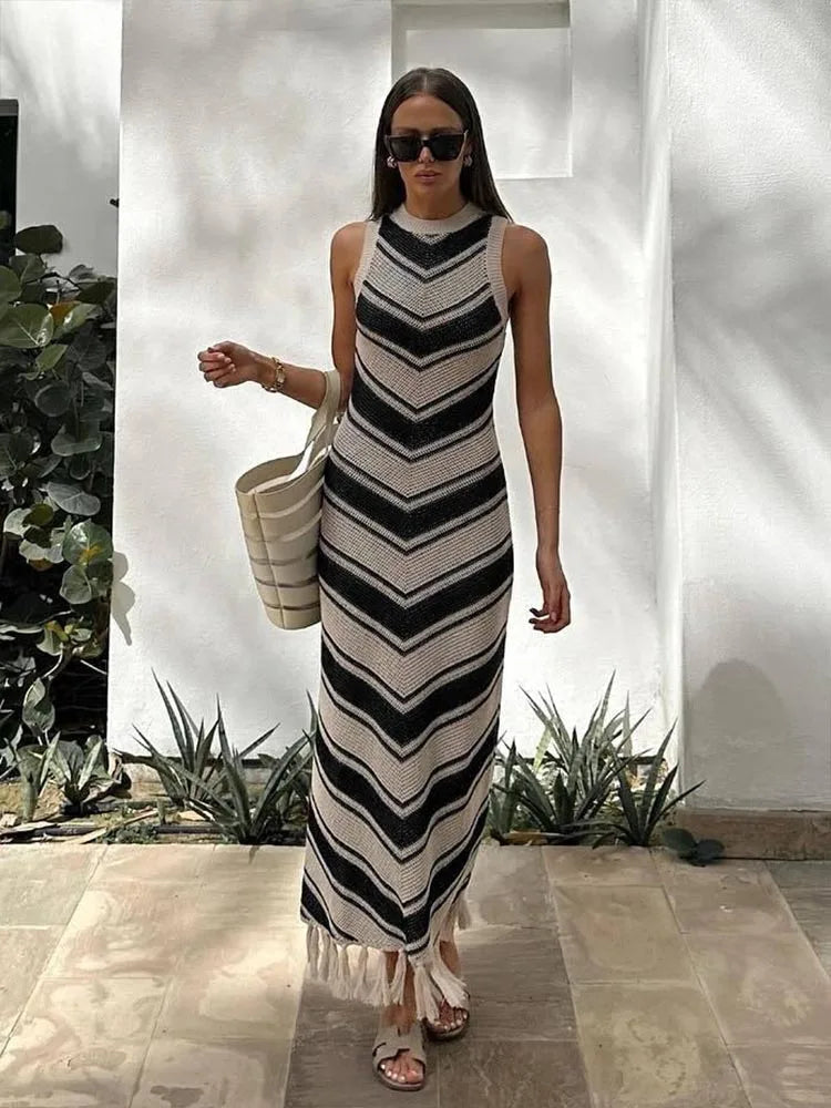 Knitted Tassel Striped Bohemian Stylish Maxi Dress Mssaz Desses