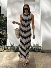 Knitted Tassel Striped Bohemian Stylish Maxi Dress Mssaz Desses