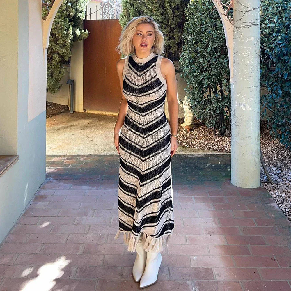 Knitted Tassel Striped Bohemian Stylish Maxi Dress Mssaz Desses