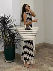 Knitted Tassel Striped Bohemian Stylish Maxi Dress Mssaz Desses