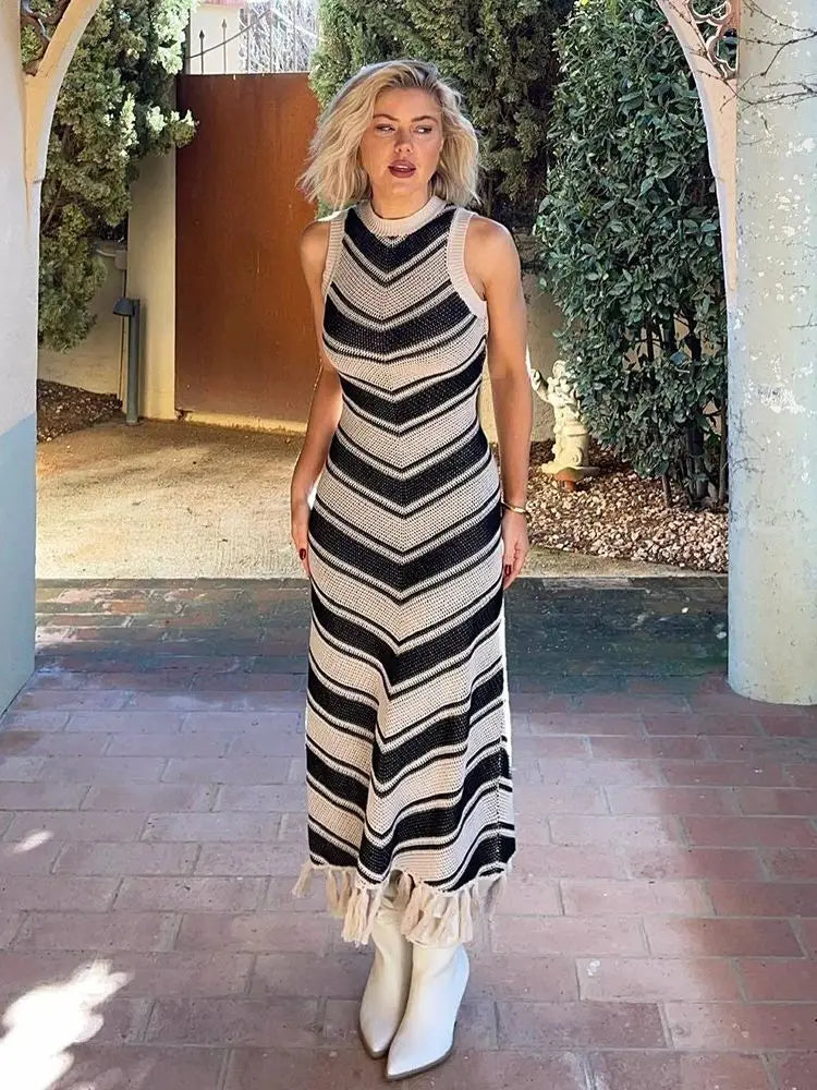 Knitted Tassel Striped Bohemian Stylish Maxi Dress Mssaz Desses