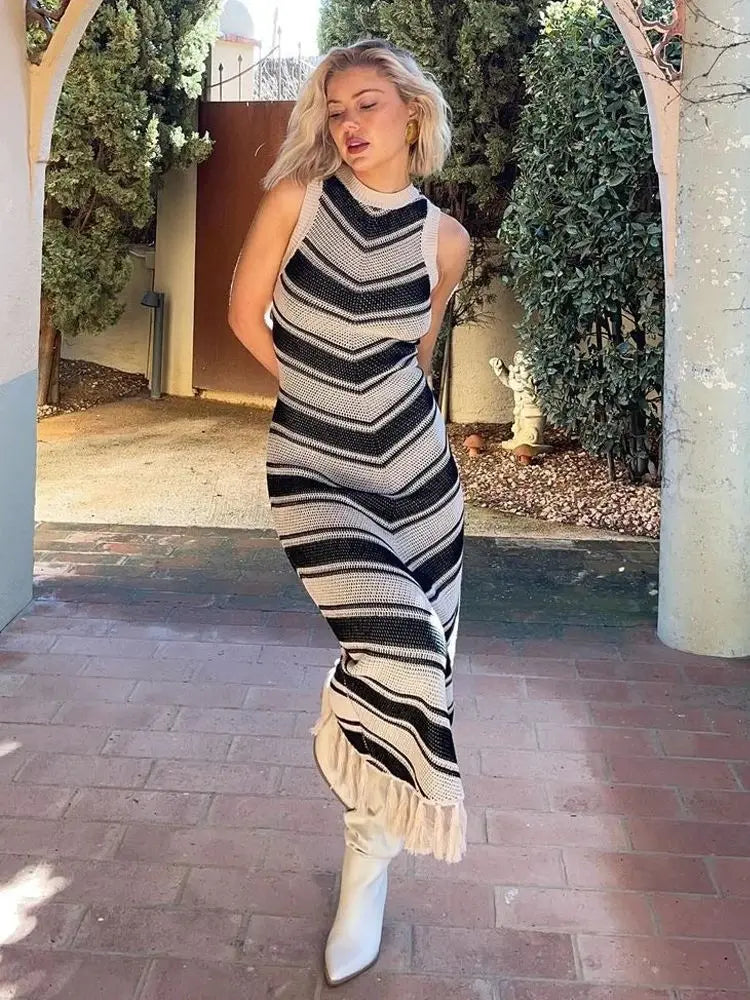 Knitted Tassel Striped Bohemian Stylish Maxi Dress Mssaz Desses