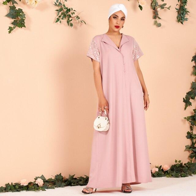Ladies Lapel Sequin Stitching Loose and Elegant Thin Arabian Powder Dress Long Dress (without Headscarf) Mssaz Desses