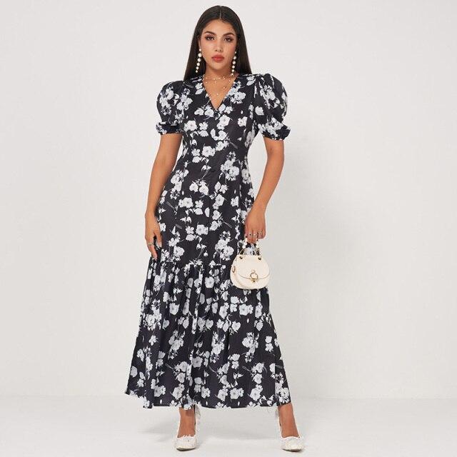 New Retro Long Waist Fishtail Slim-fit V-neck Lantern Sleeves Banquet Floral Sweet Dress Mssaz Desses