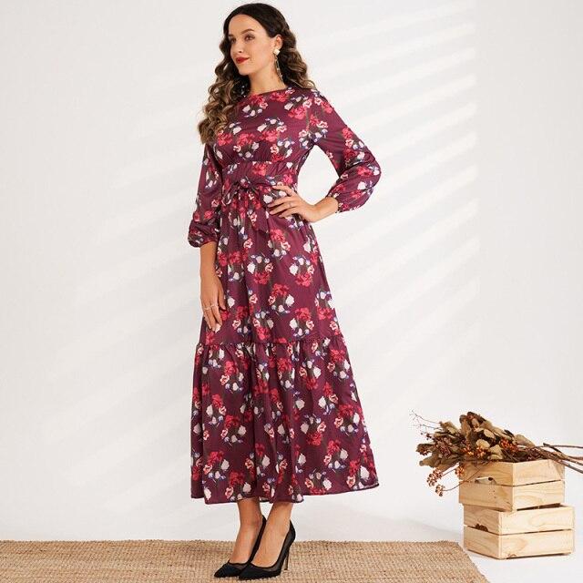 Sweet Long-sleeved Floral High-waisted Elastic Waist Long A-line Belted Romantic Dress Mssaz Desses