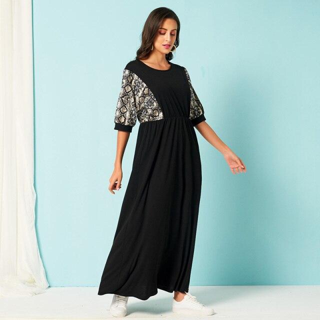 New Long Dress Black Casual Snake Print Stitching Elastic Waist O-neck Half Sleeve Maxi Dresses Robe Mssaz Desses