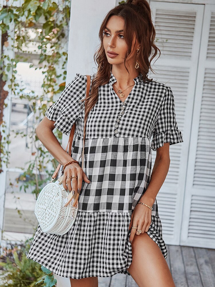 Plaid Short Sleeve Loose Ruffle Stitching Beach Dress Mssaz Desses