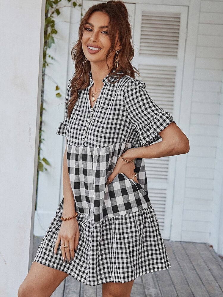 Plaid Short Sleeve Loose Ruffle Stitching Beach Dress Mssaz Desses